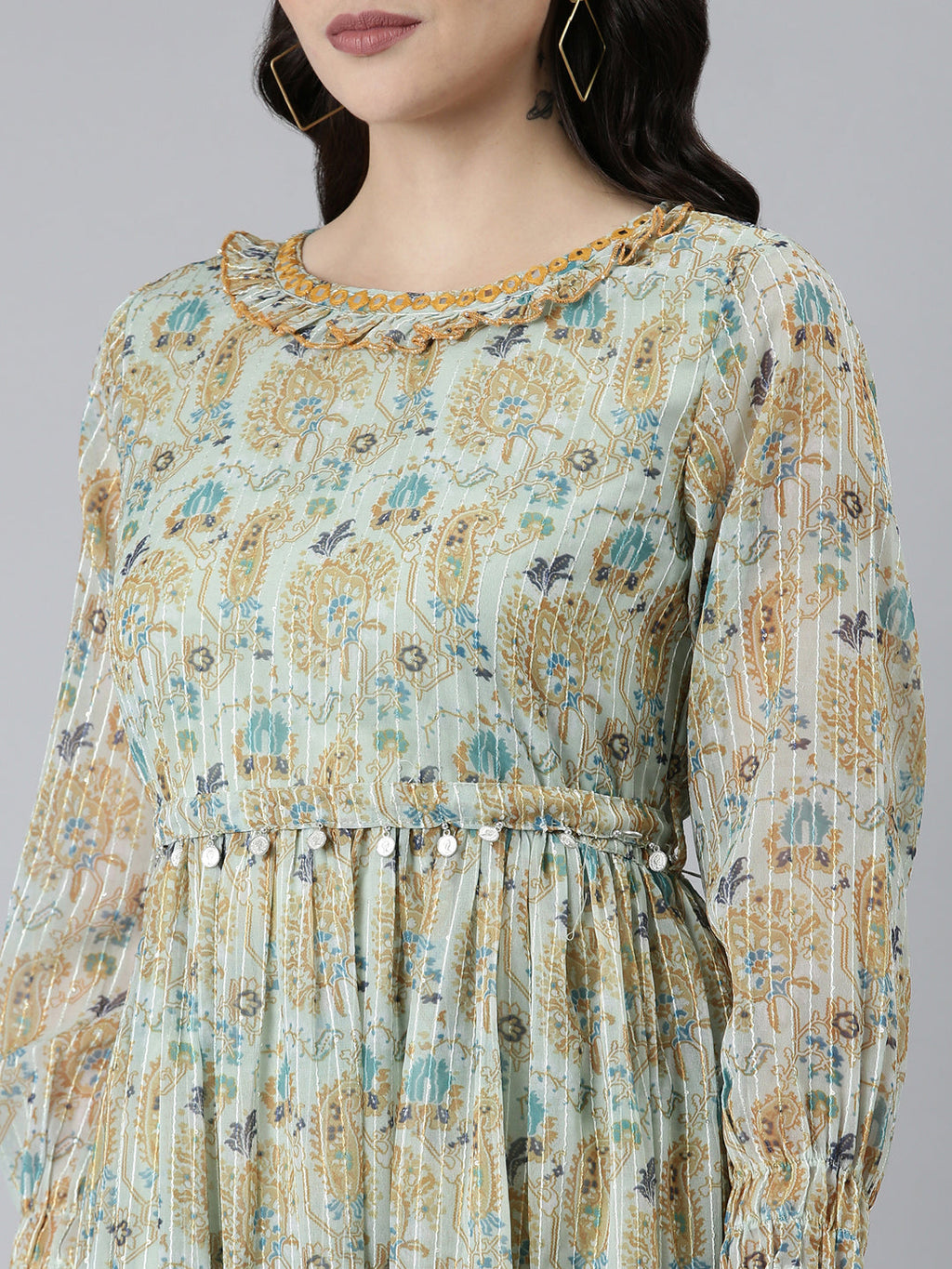 Women's Sea Green Ethnic Motifs Printed Fit & Flare Midi Dress