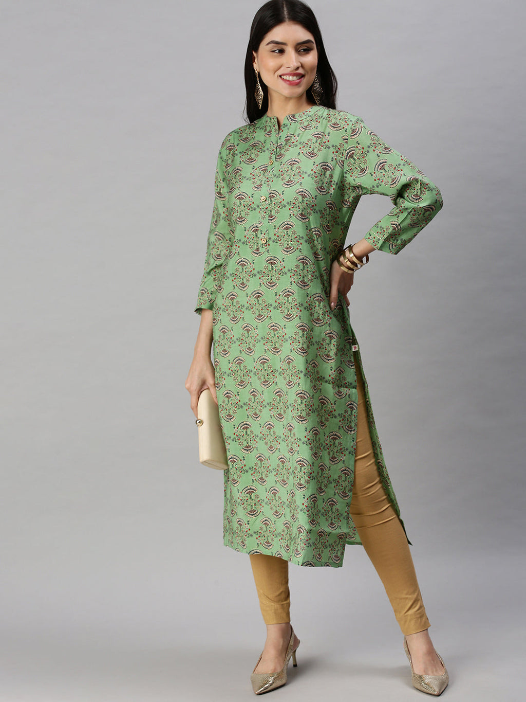 Women's Green Mandarin Collar Beads & Stones Straight Kurta