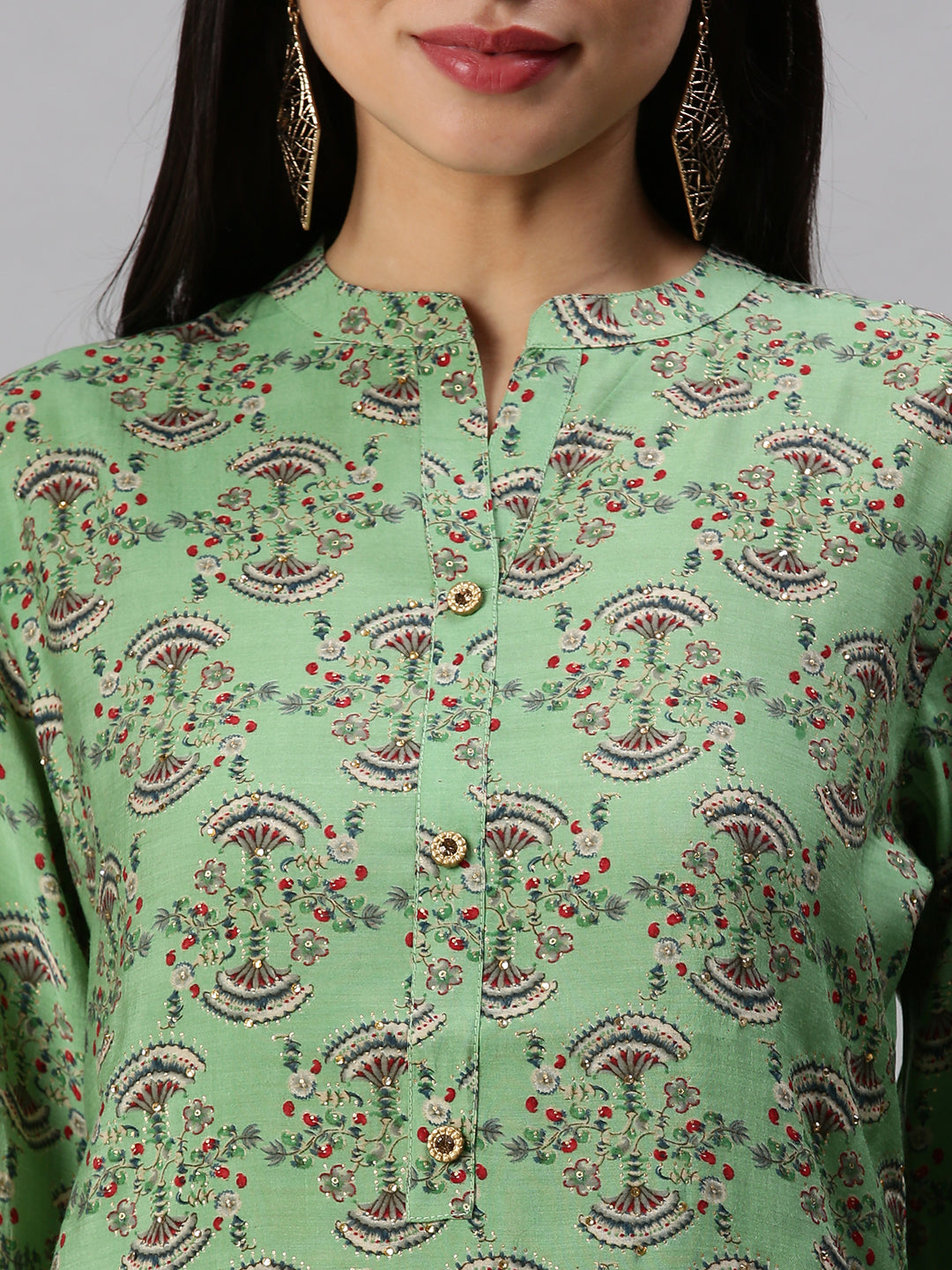 Women's Green Mandarin Collar Beads & Stones Straight Kurta