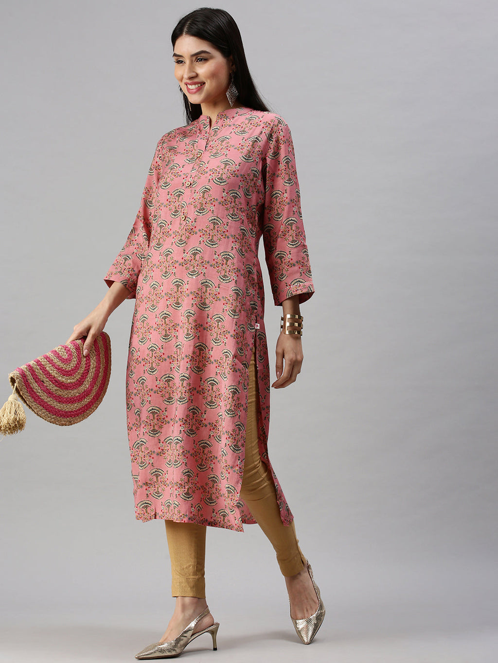 Women's Pink Ethnic Motifs Mandarin Collar Beads & Stones Straight Kurta