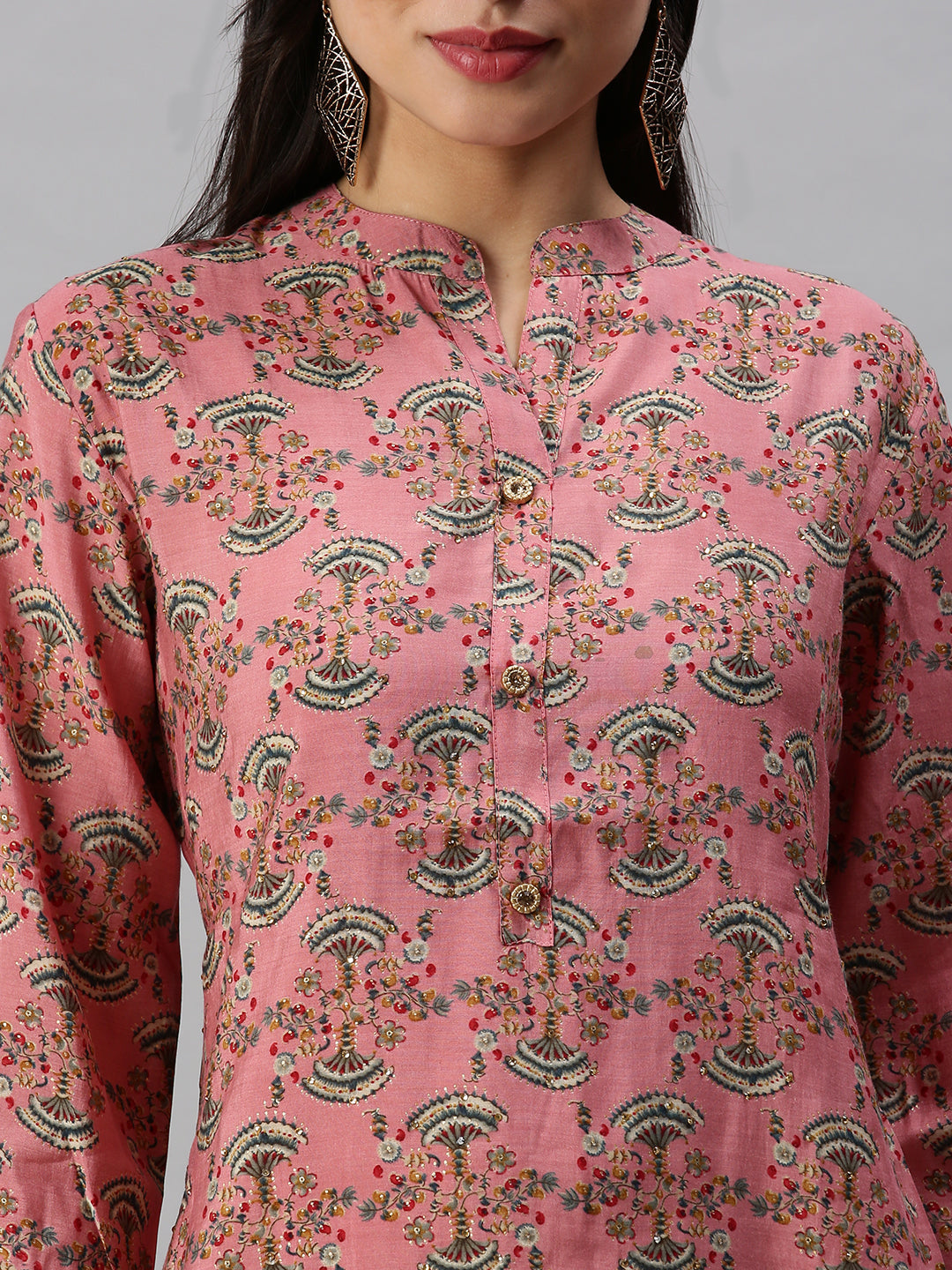 Women's Pink Ethnic Motifs Mandarin Collar Beads & Stones Straight Kurta