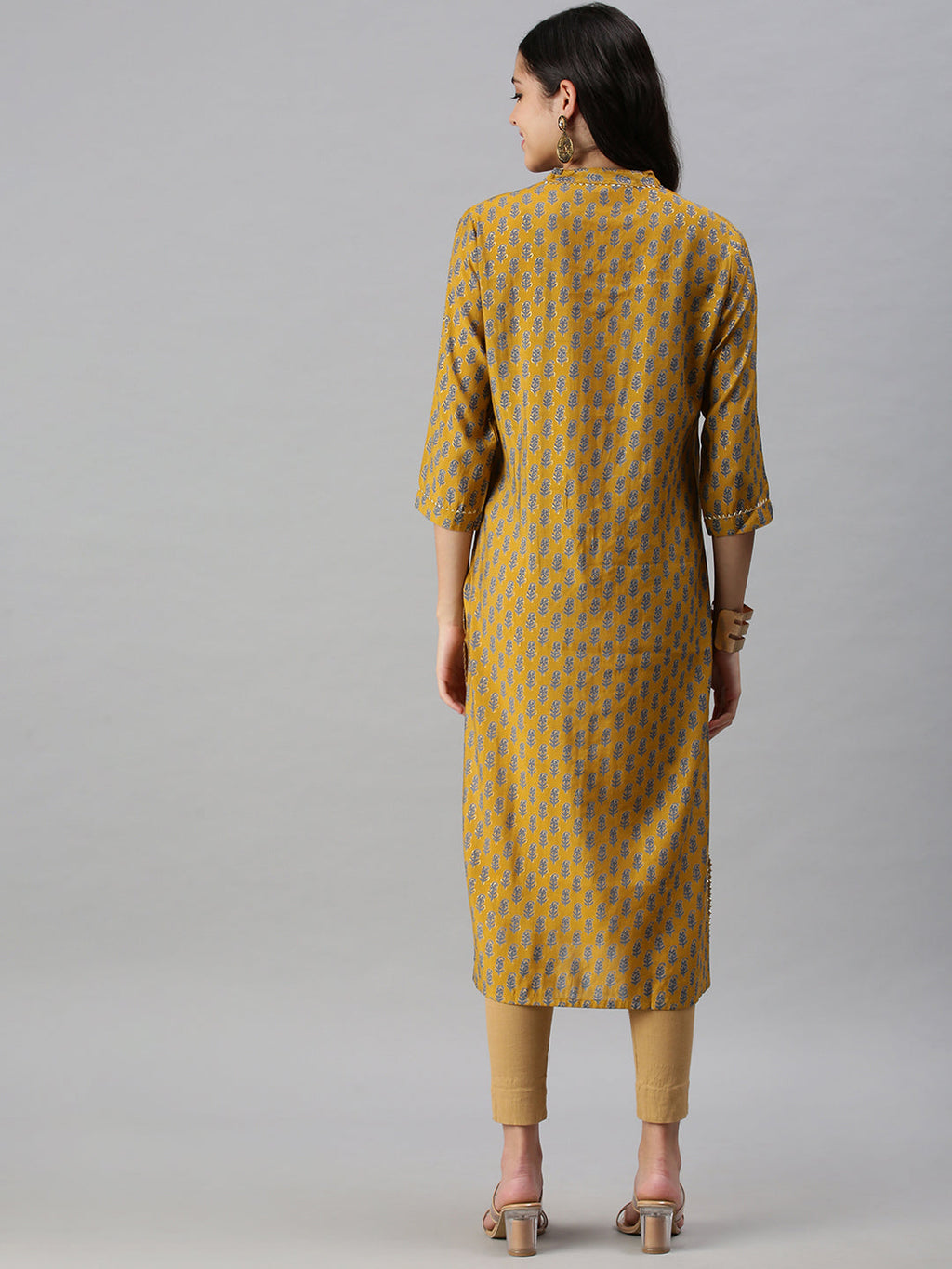 Women's Mustard Ethnic Motifs Printed Straight Kurta