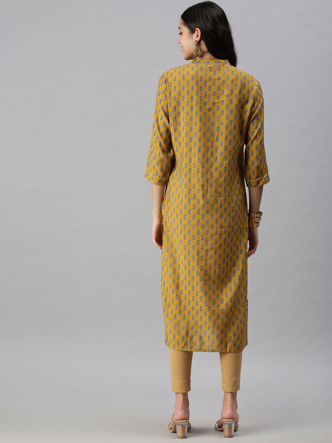 Women's Mustard Ethnic Motifs Printed Straight Kurta