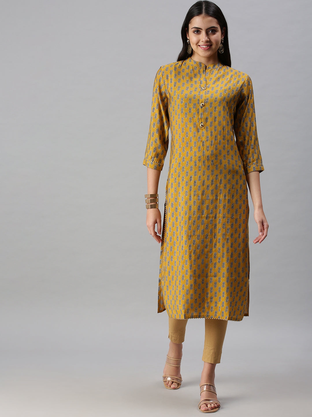 Women's Mustard Ethnic Motifs Printed Straight Kurta