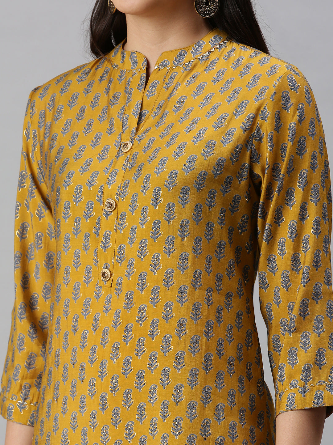 Women's Mustard Ethnic Motifs Printed Straight Kurta