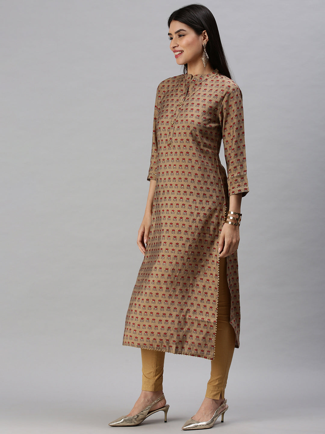 Women's Brown Floral Printed Mandarin Collar Cotton Straight Kurta