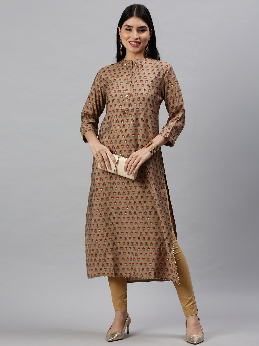 Women's Brown Floral Printed Mandarin Collar Cotton Straight Kurta