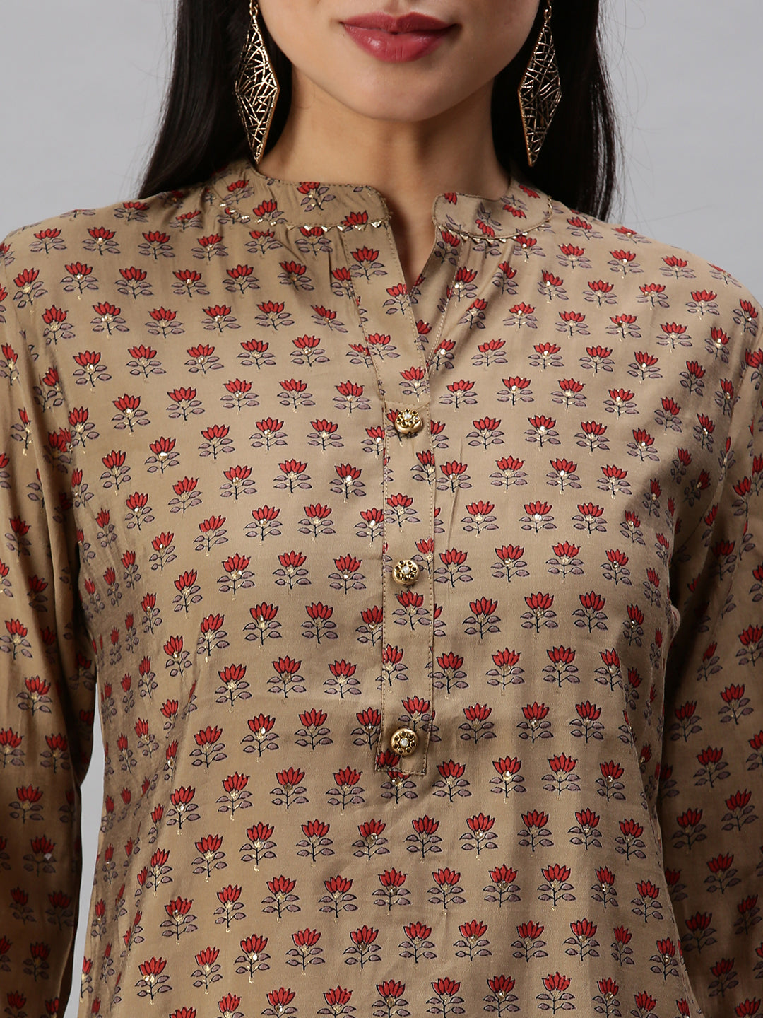Women's Brown Floral Printed Mandarin Collar Cotton Straight Kurta