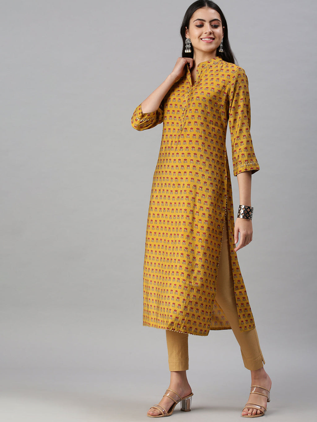 Women's Mustard Floral Printed Flared Sleeves Straight Kurta