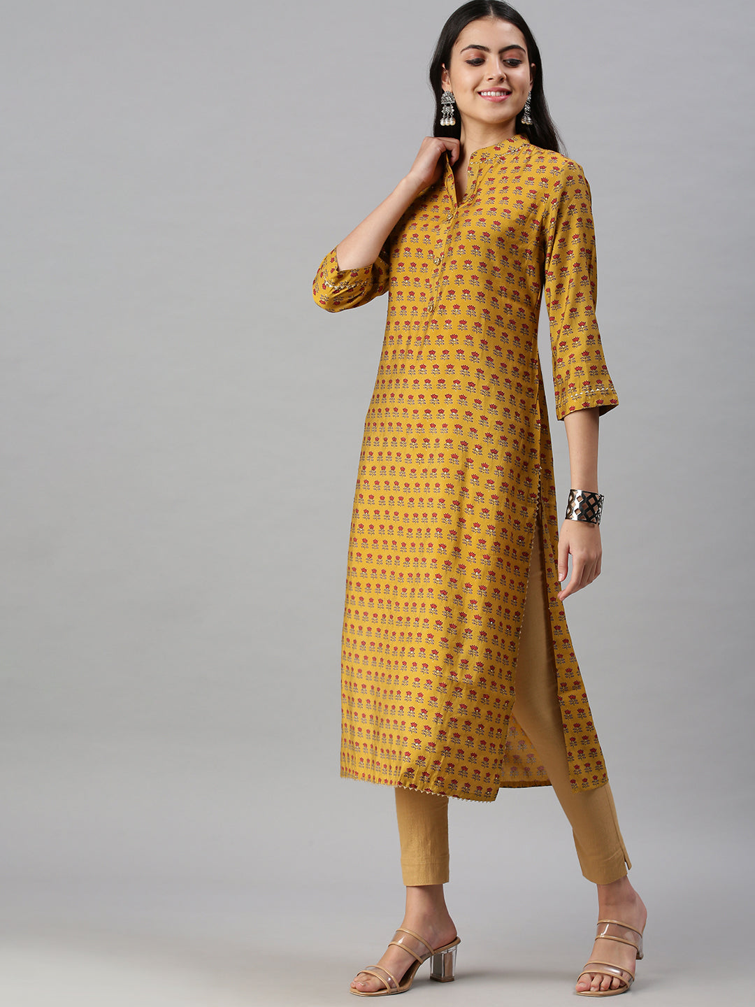 Women's Mustard Floral Printed Flared Sleeves Straight Kurta