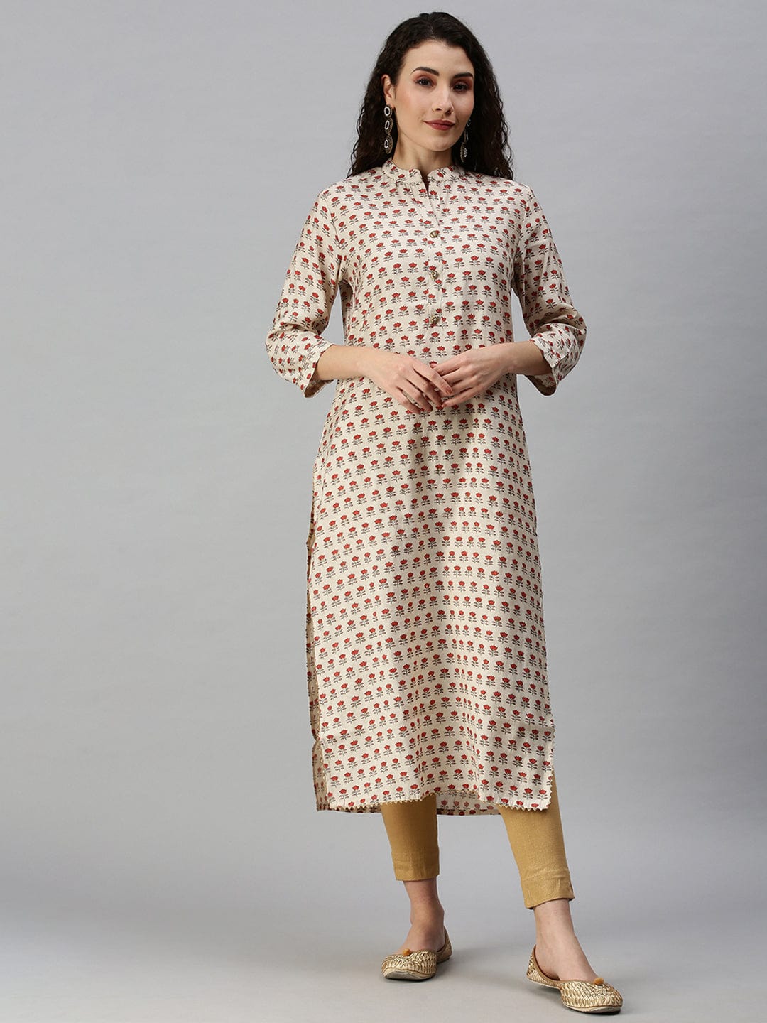 Women's Mandarin Collar Printed Cream Straight Kurta