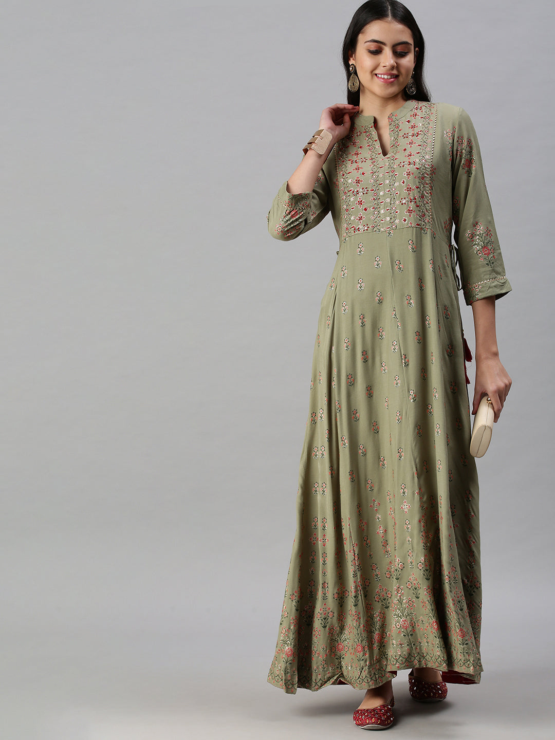 Women's Olive Floral Embroidered Flared Sleeves Anarkali Kurta