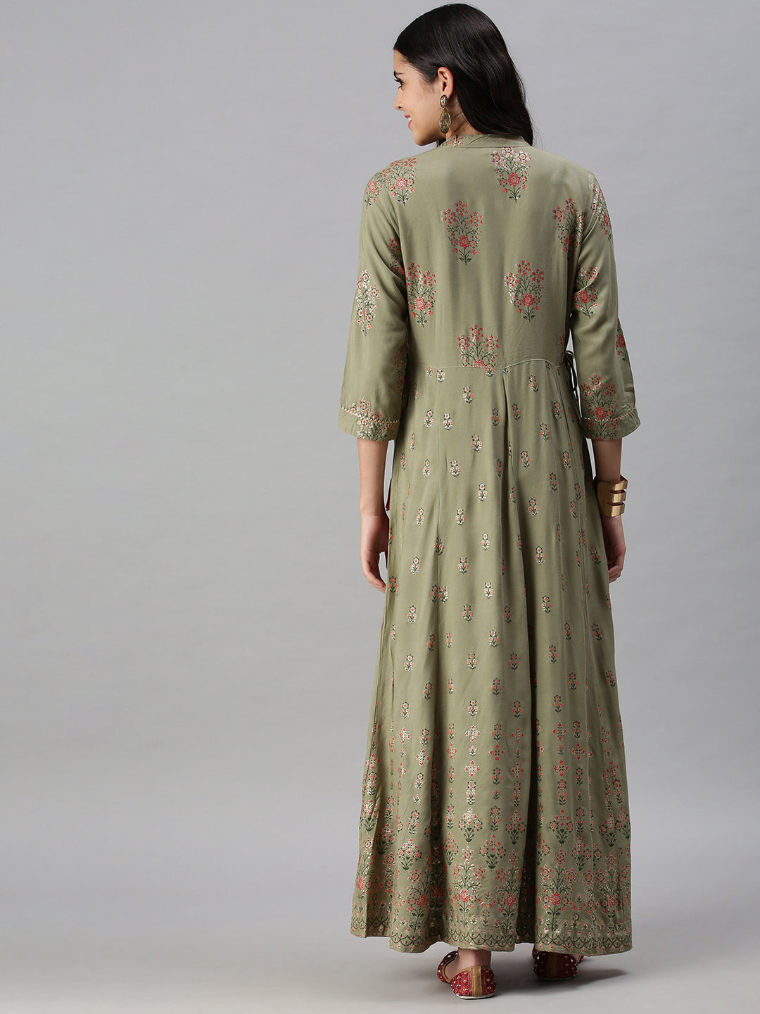 Women's Olive Floral Embroidered Flared Sleeves Anarkali Kurta