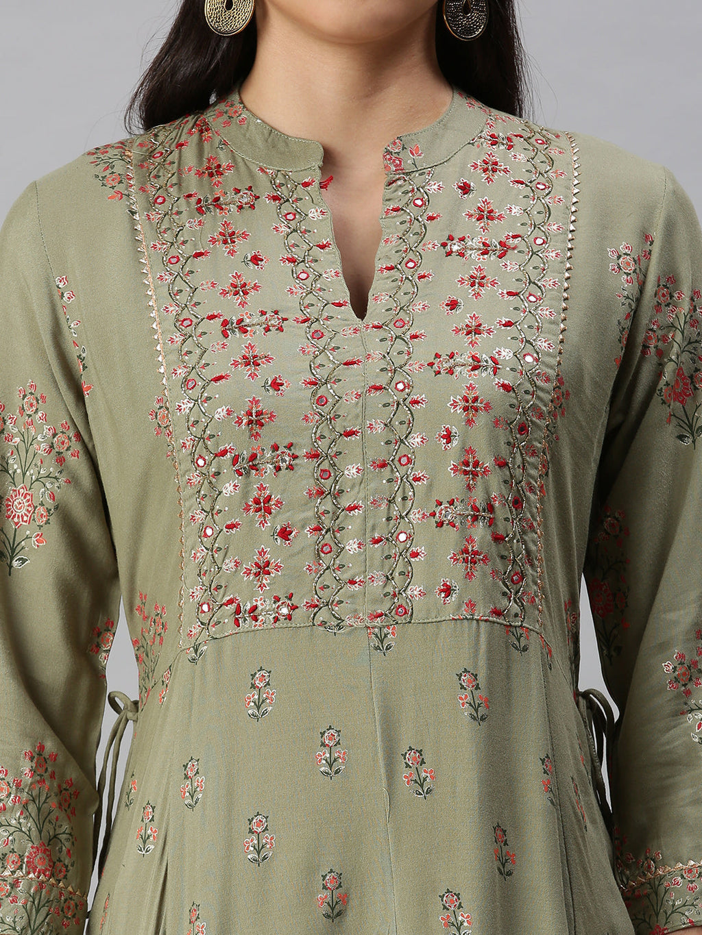 Women's Olive Floral Embroidered Flared Sleeves Anarkali Kurta