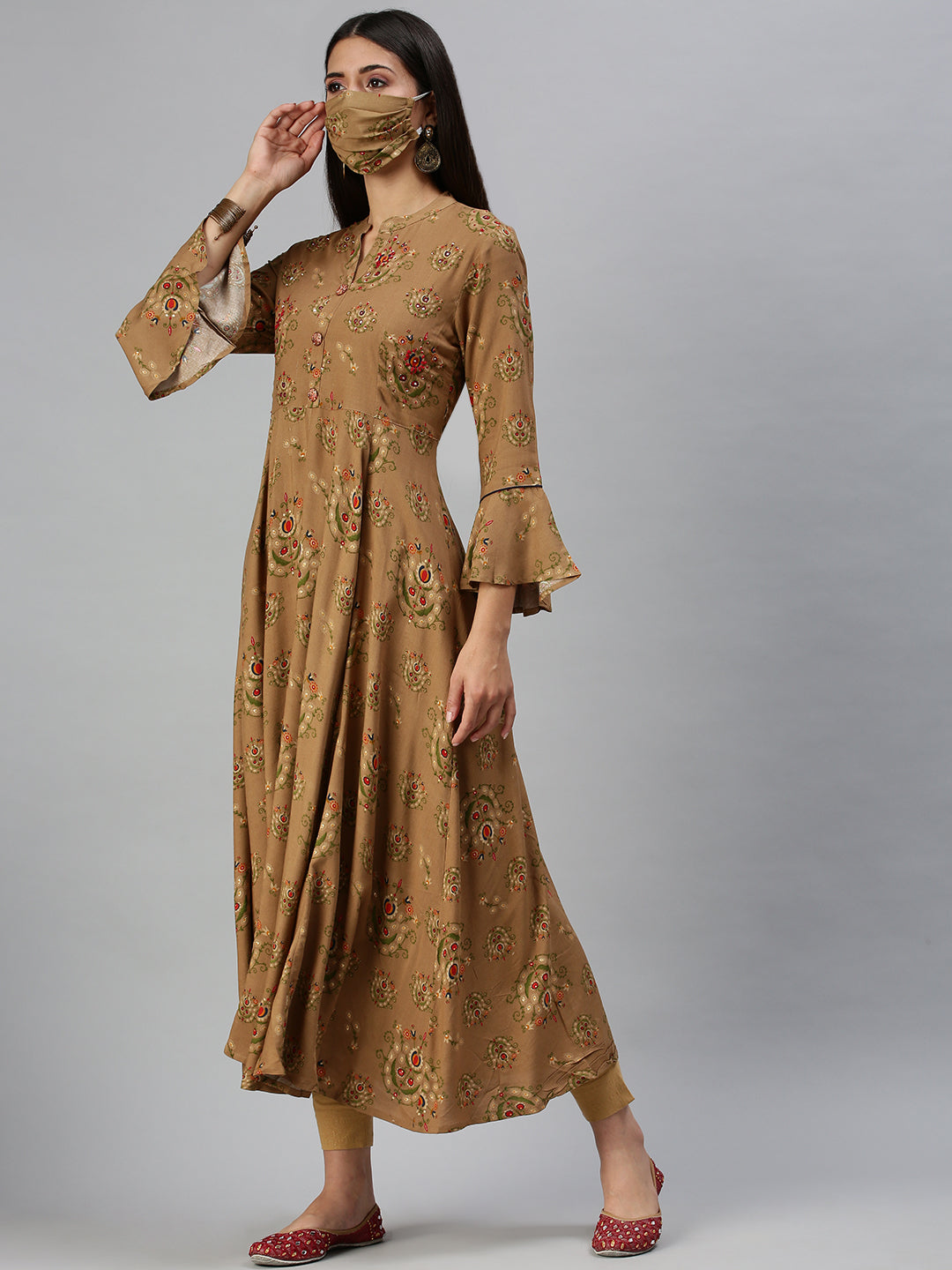 Women's Brown Foil Printed Bell Sleeves Thread Work Cotton Anarkali Kurta