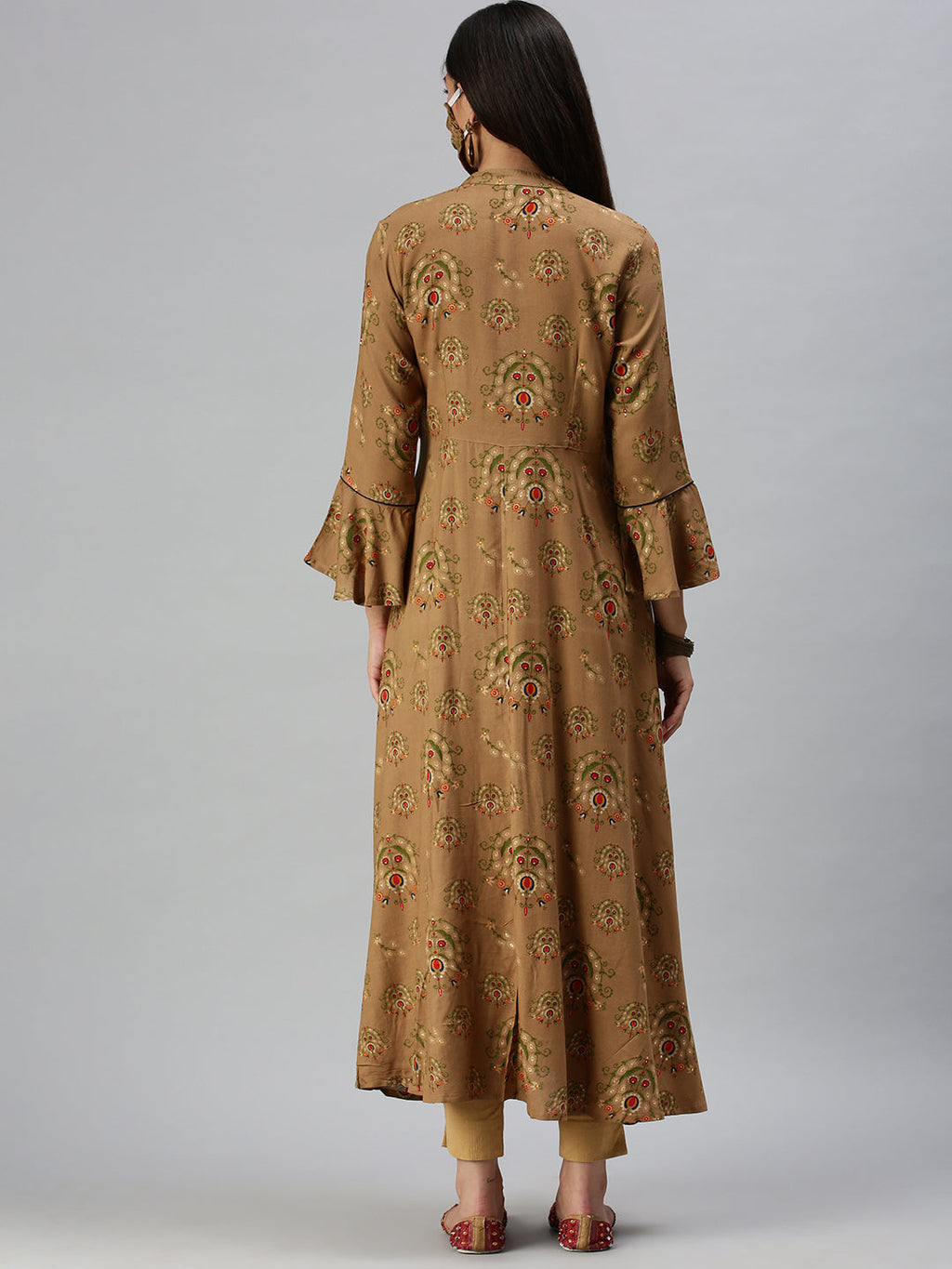 Women's Brown Foil Printed Bell Sleeves Thread Work Cotton Anarkali Kurta