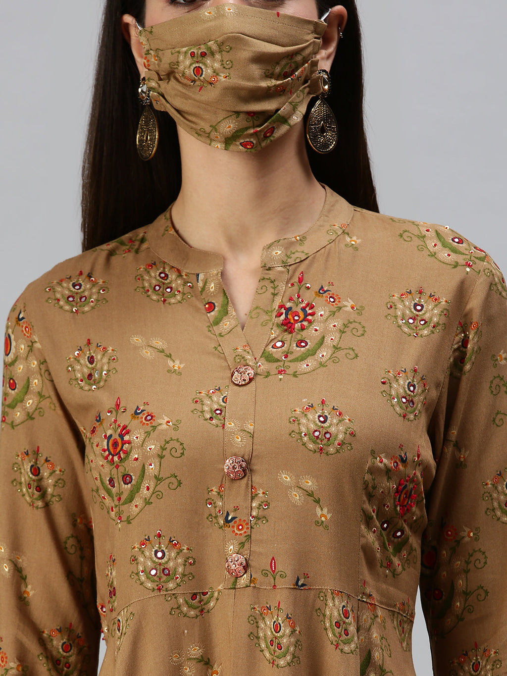 Women's Brown Foil Printed Bell Sleeves Thread Work Cotton Anarkali Kurta