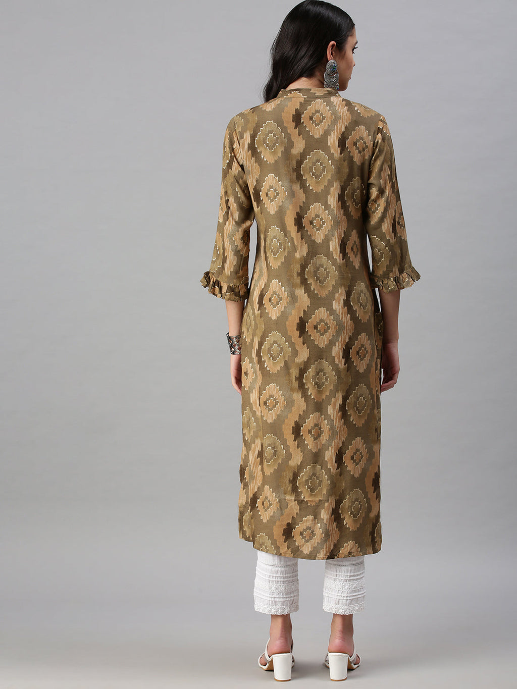 Women's Olive Geometric Printed Keyhole Neck Straight Kurta