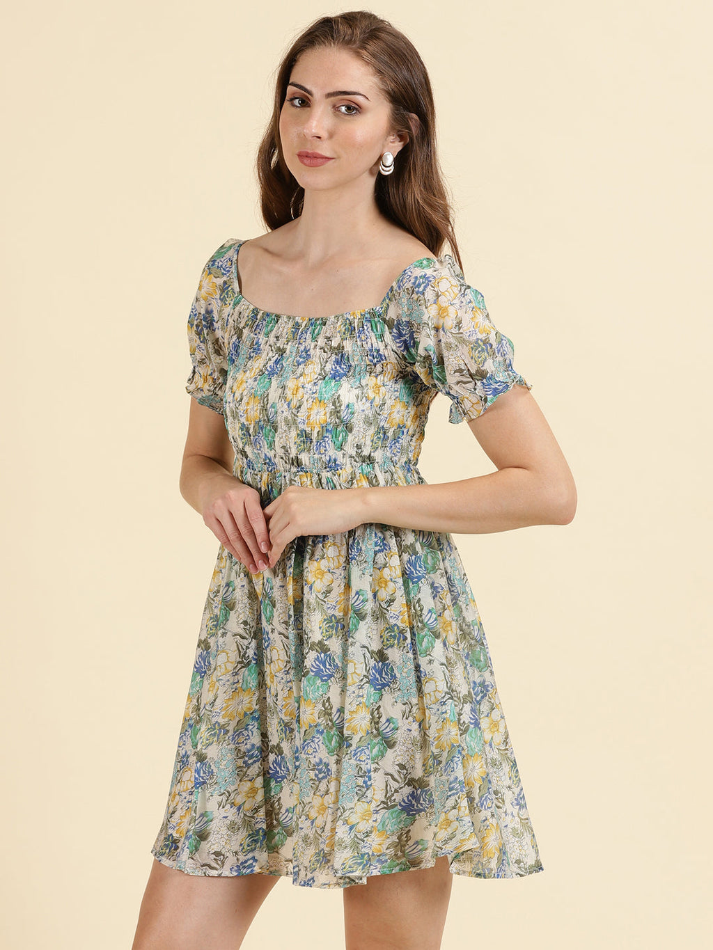 Women's Off White Floral Print Chiffon Empire Dress