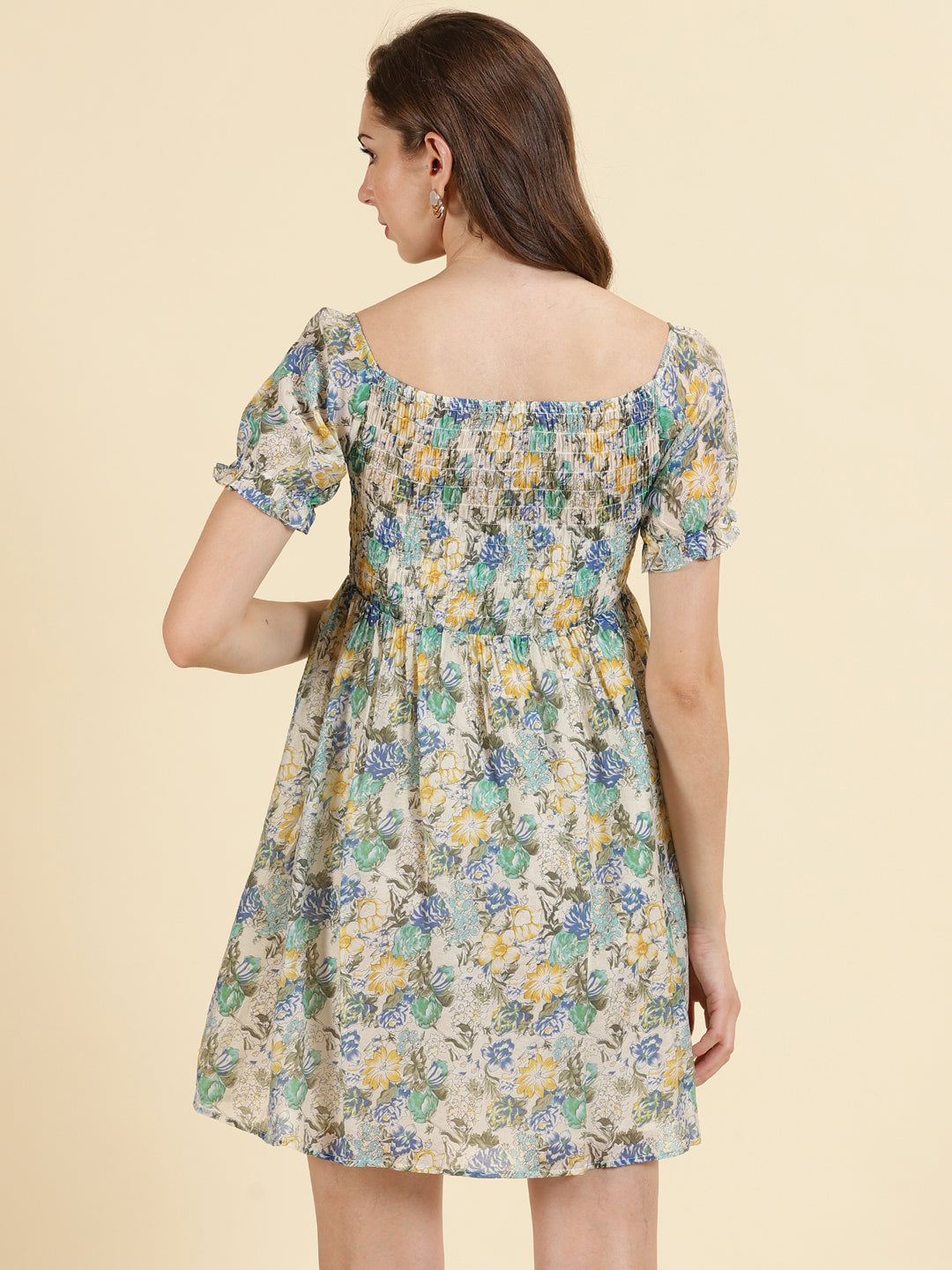 Women's Off White Floral Print Chiffon Empire Dress