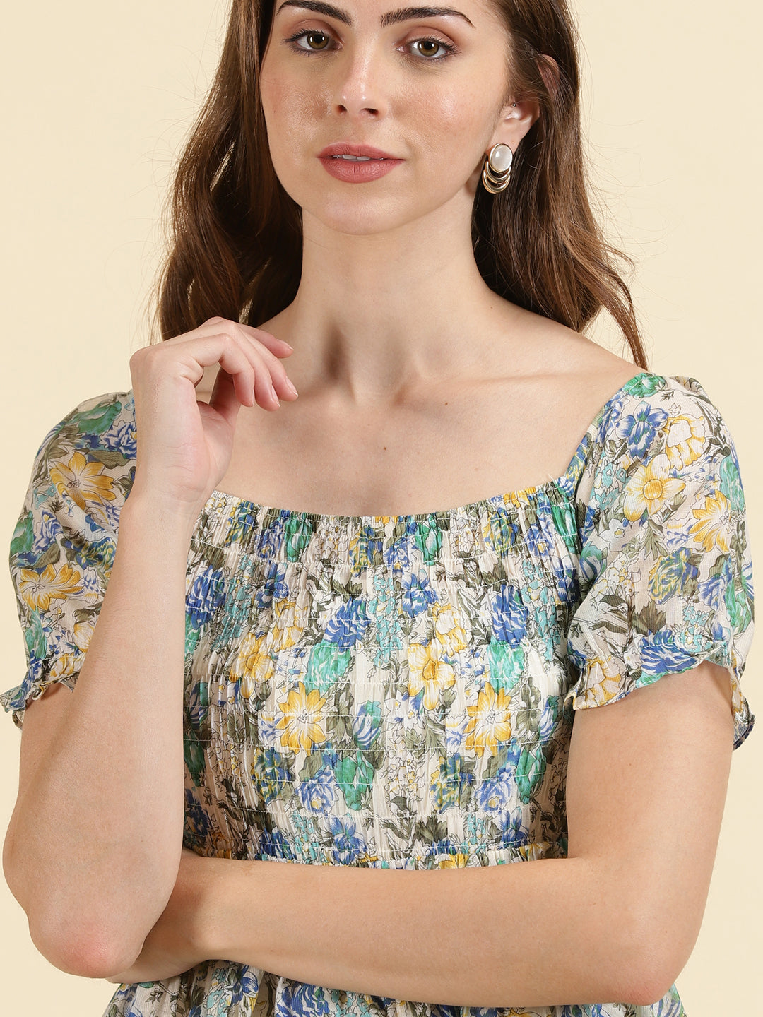 Women's Off White Floral Print Chiffon Empire Dress