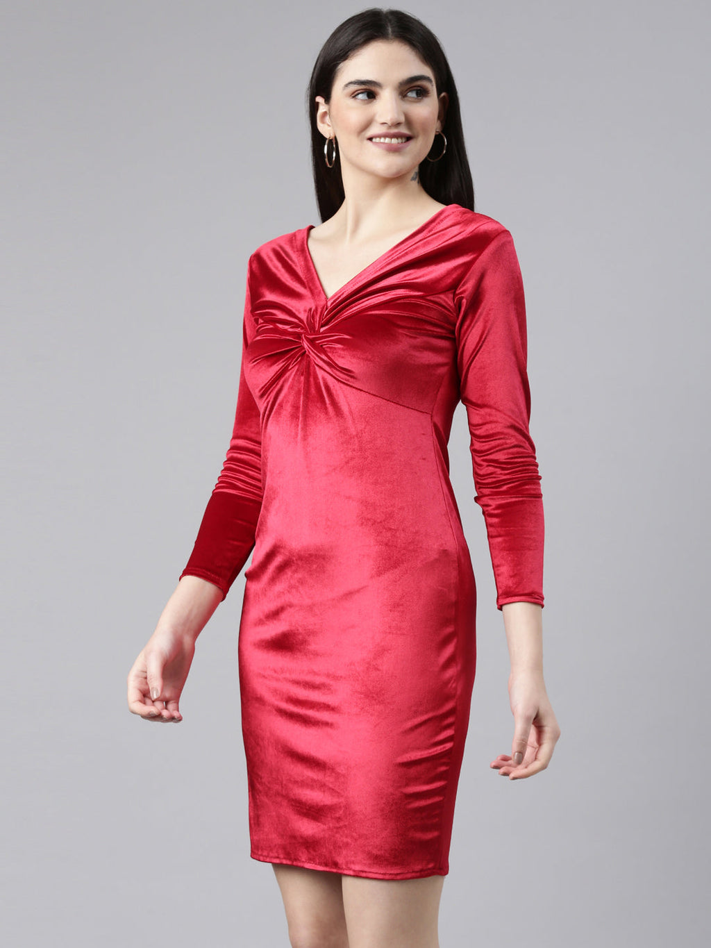 Women's Red V-Neck Sheath Dress
