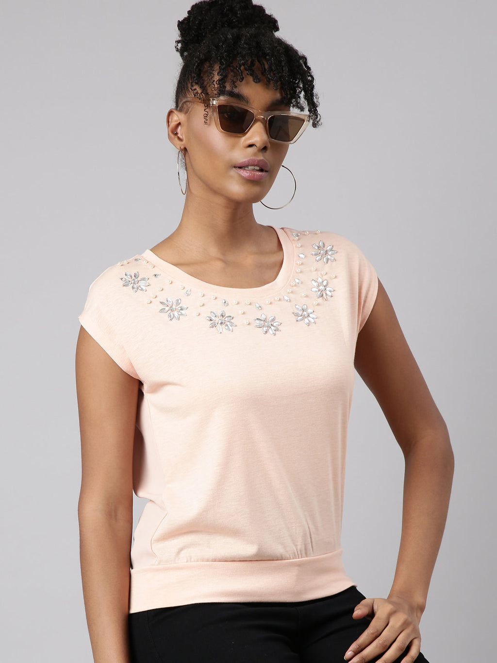 Women's Peach Embellished Round Neck Studded Top