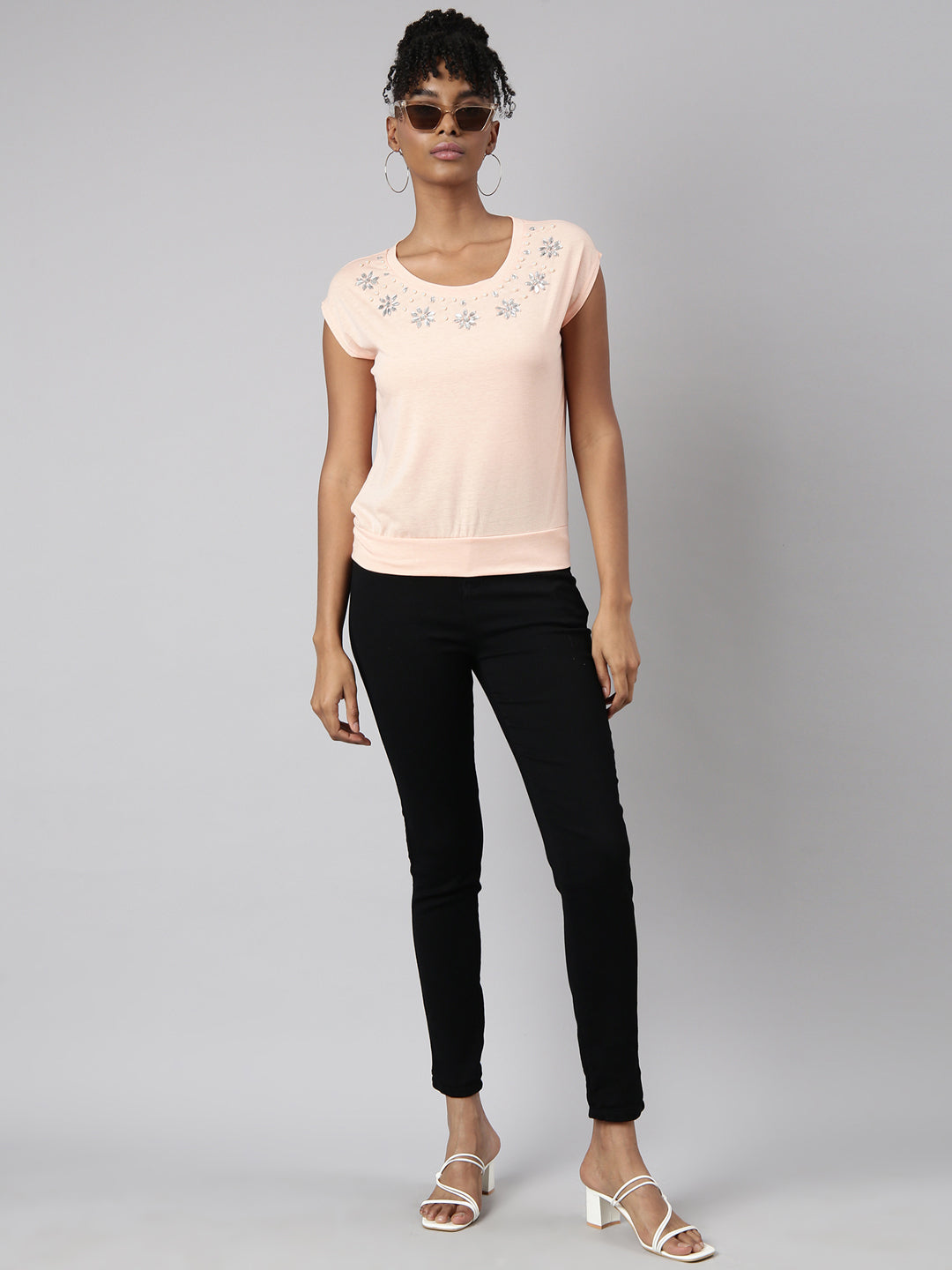 Women's Peach Embellished Round Neck Studded Top