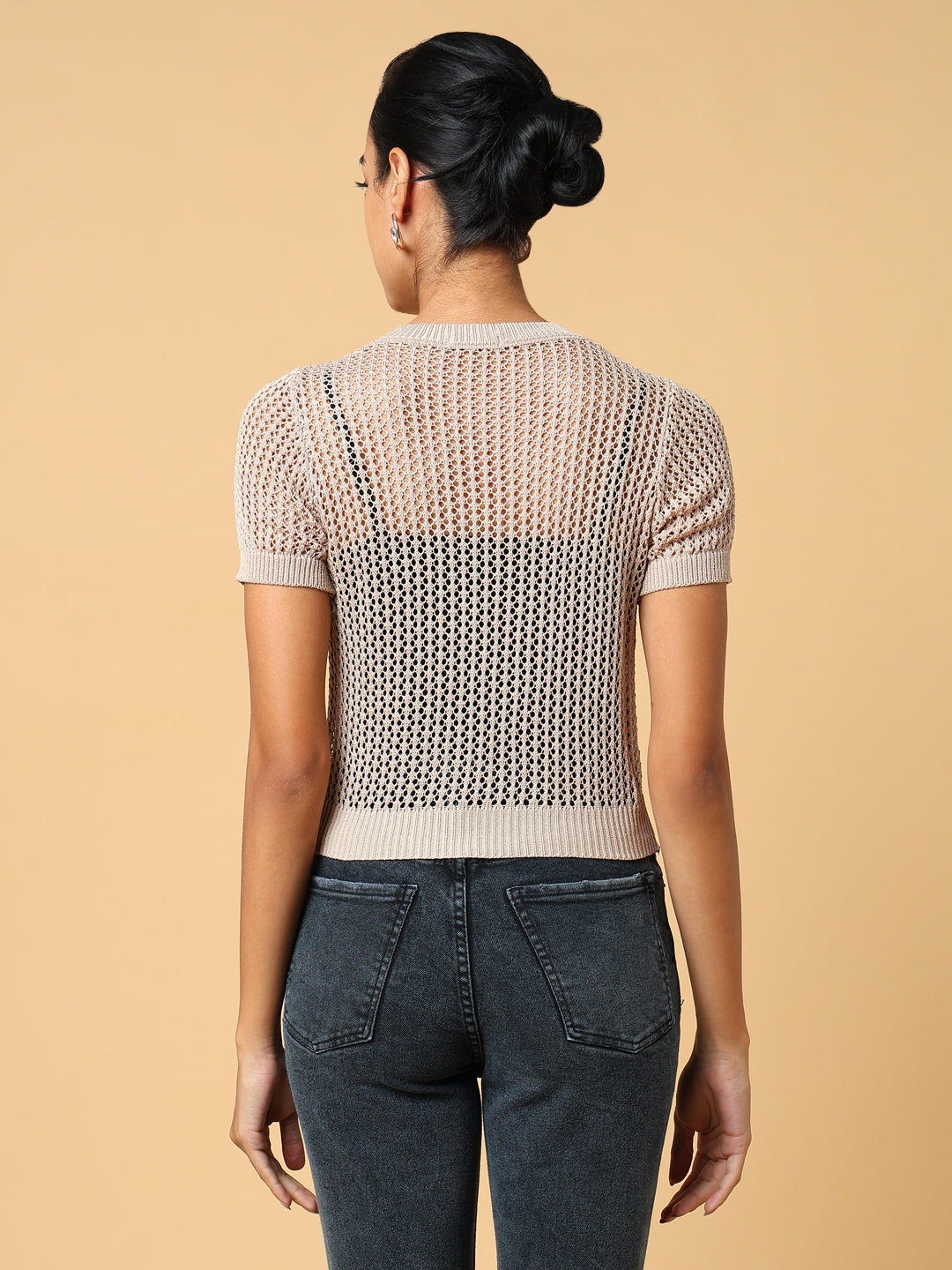 Women's Beige Self Design Round Neck Acrylic Top