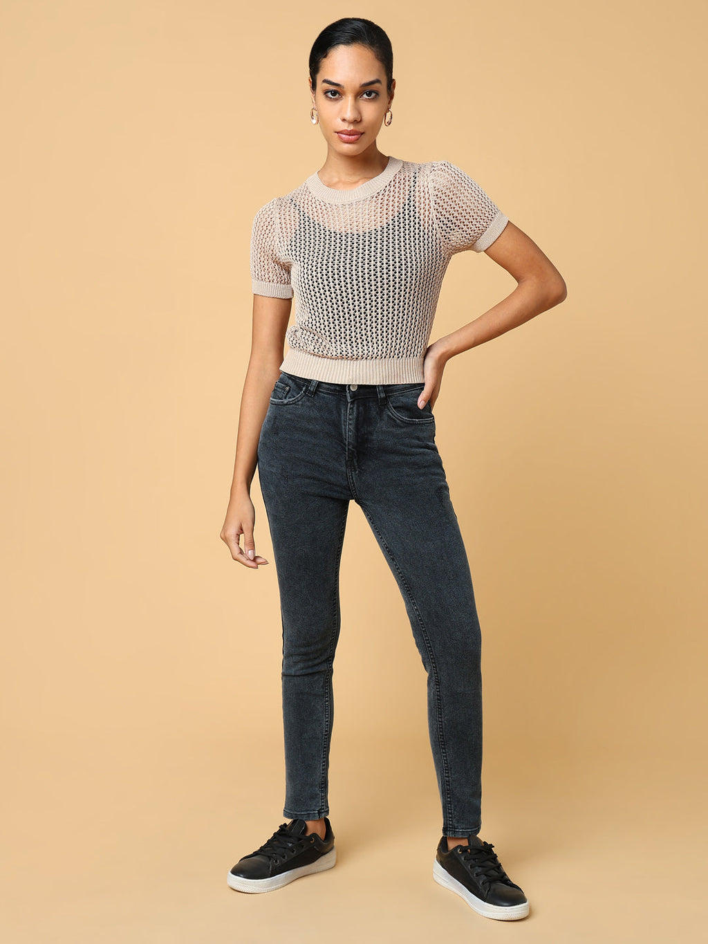 Women's Beige Self Design Round Neck Acrylic Top