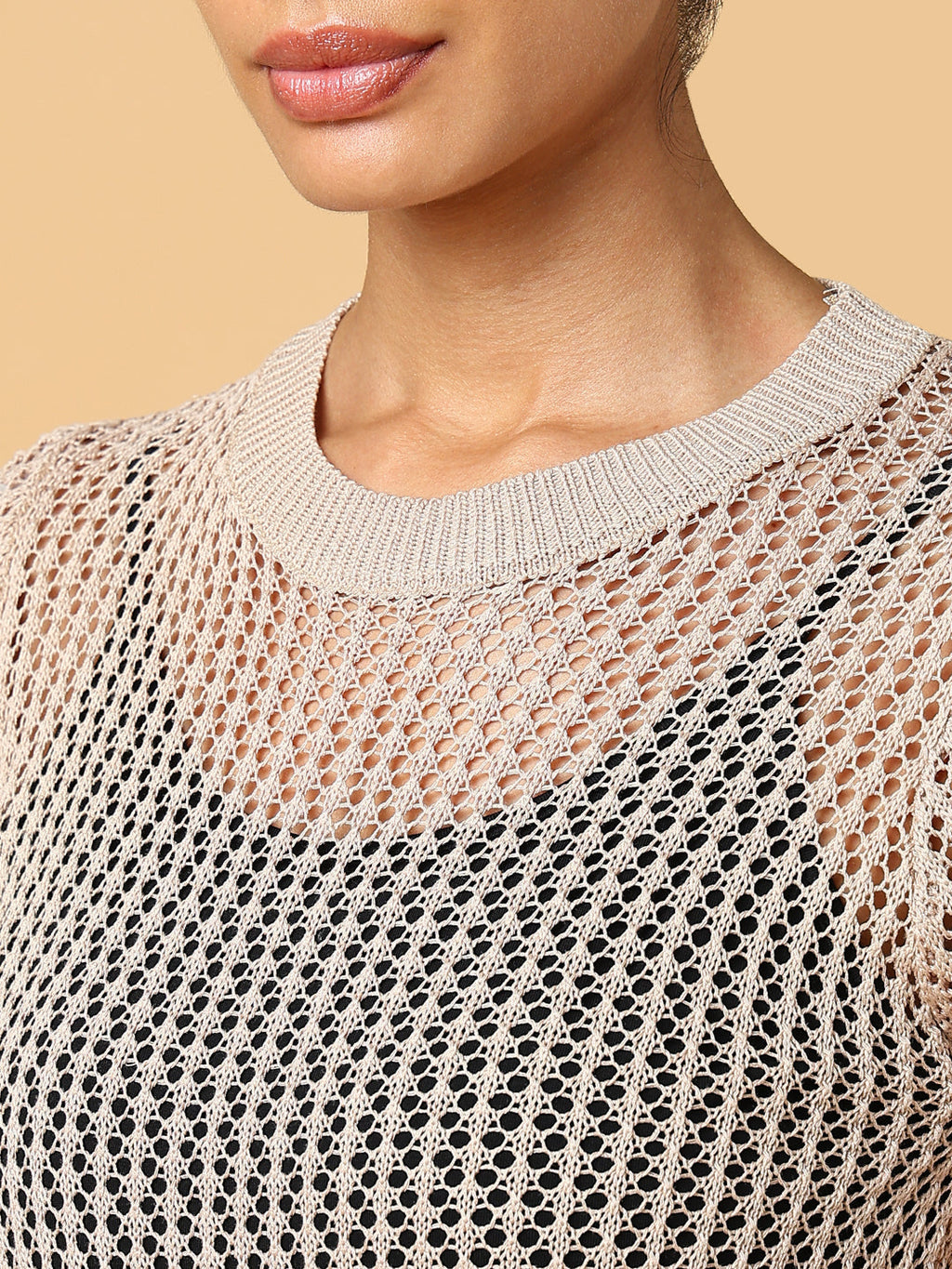 Women's Beige Self Design Round Neck Acrylic Top