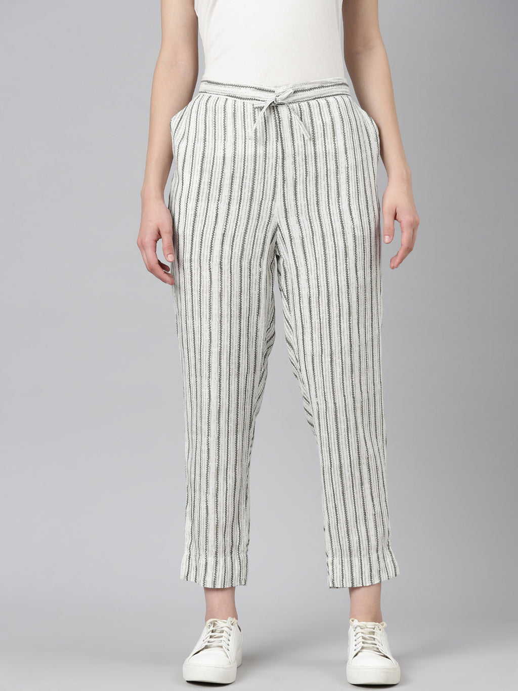Women's White Striped High-Rise Cotton Trousers