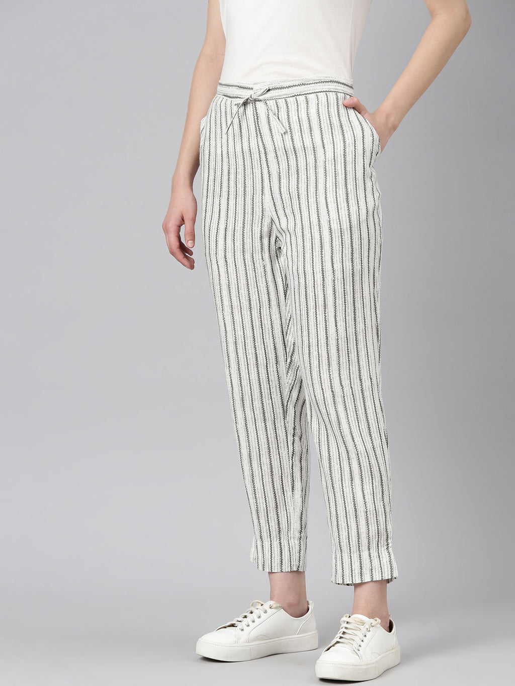 Women's White Striped High-Rise Cotton Trousers