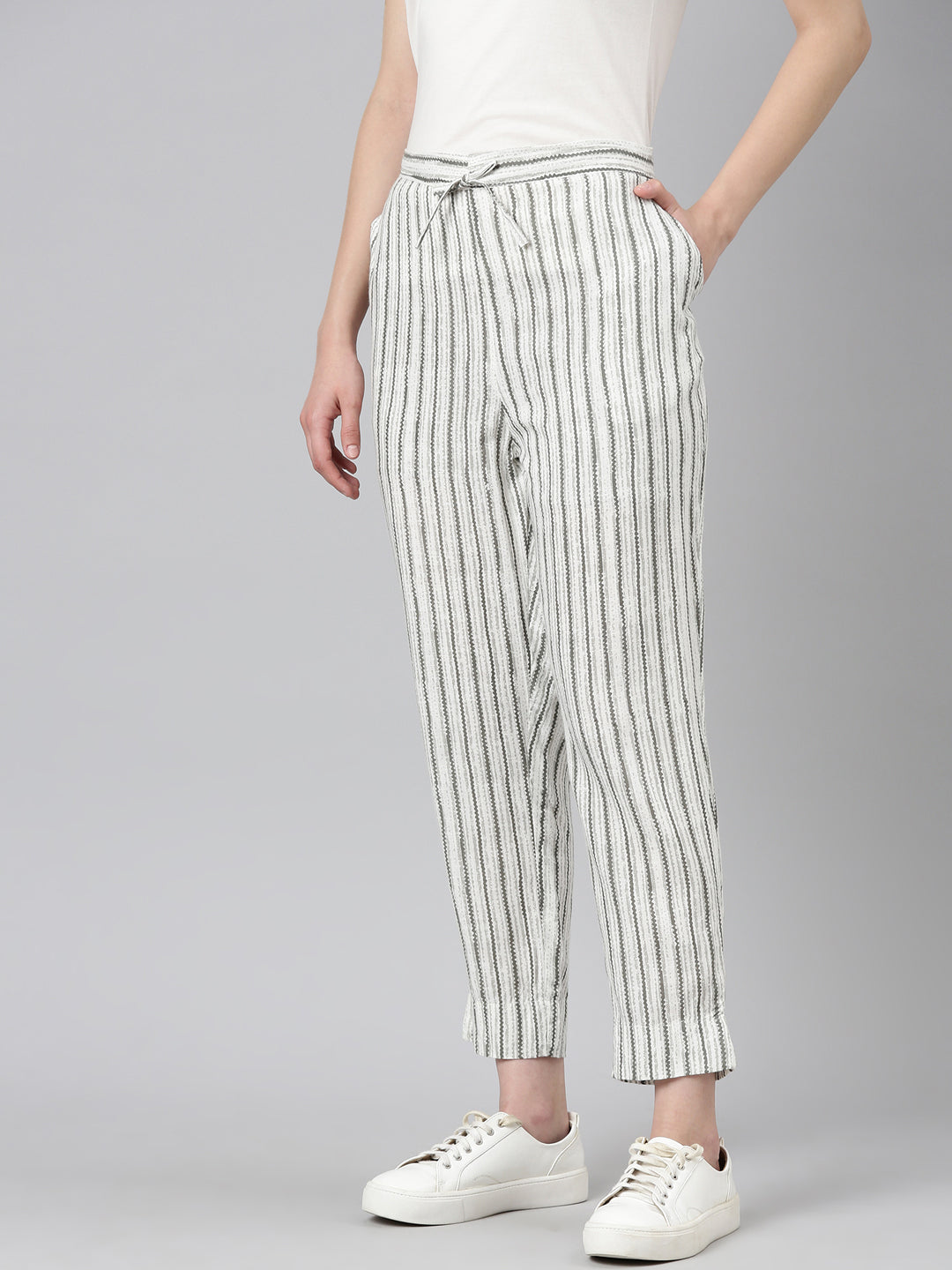 Women's White Striped High-Rise Cotton Trousers
