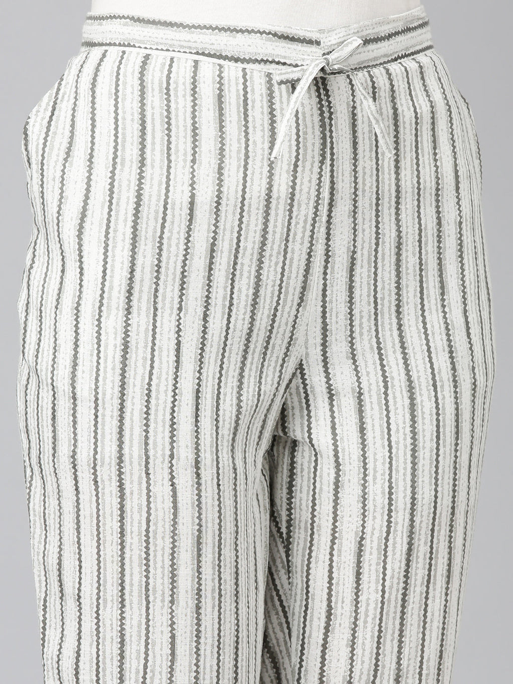 Women's White Striped High-Rise Cotton Trousers