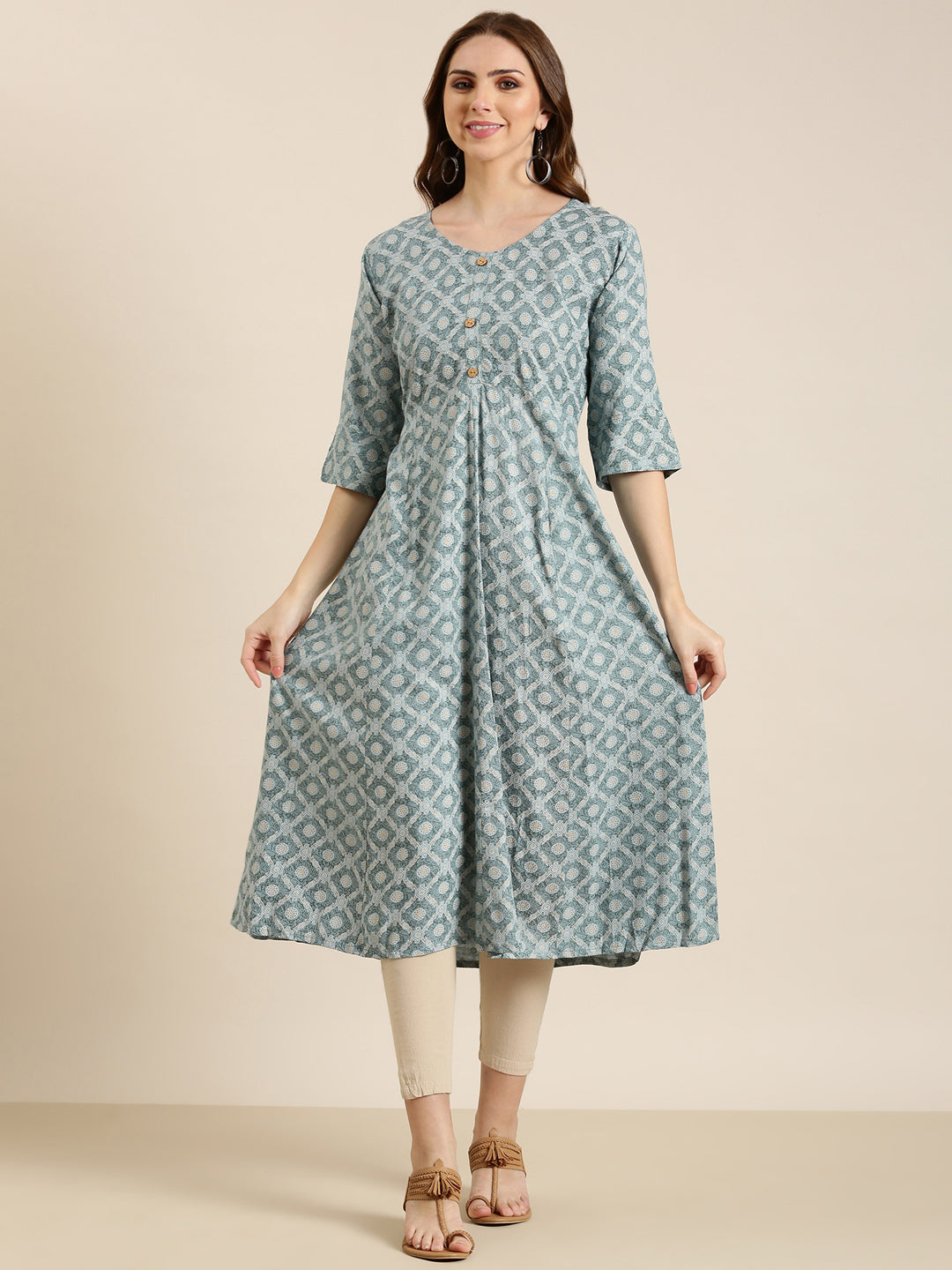 Women's Grey Ethnic Motifs Printed V-Neck Cotton A-Line Kurta