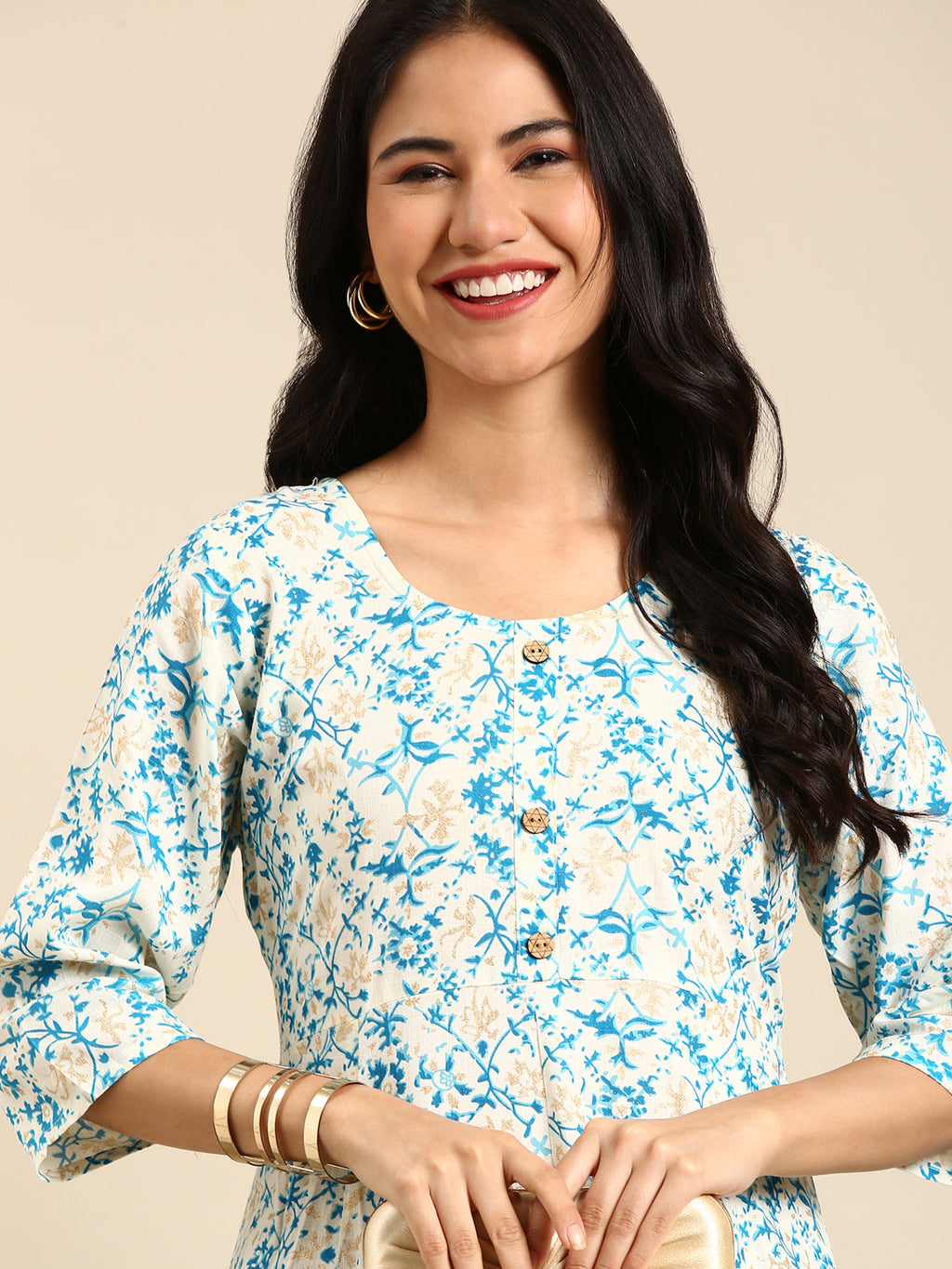 Women's Off White Ethnic Motifs Printed Chanderi Straight Cotton Kurta