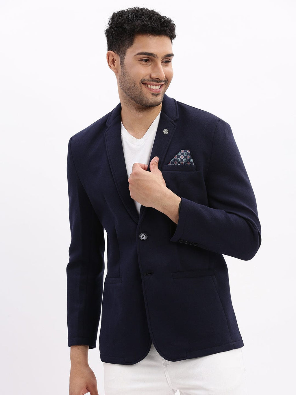 Men's Navy Blue Single-Breasted Slim Fit Blazer with Notch Lapel