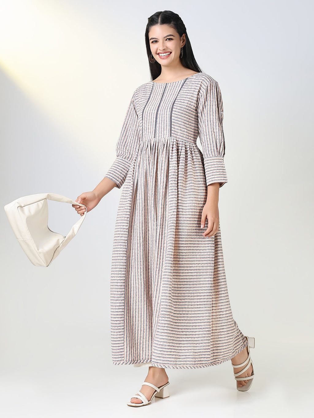 Women's Grey Striped Anarkali Kurta