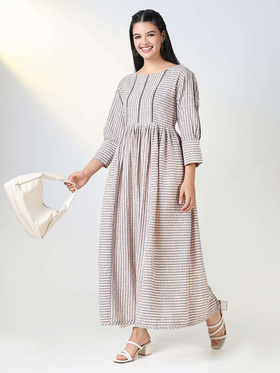 Women's Grey Striped Anarkali Kurta