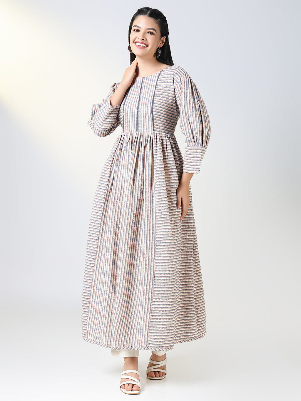 Women's Grey Striped Anarkali Kurta
