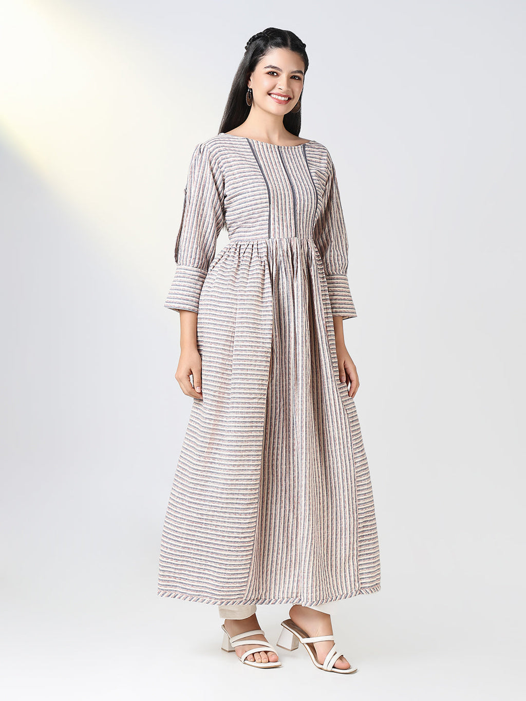 Women's Grey Striped Anarkali Kurta