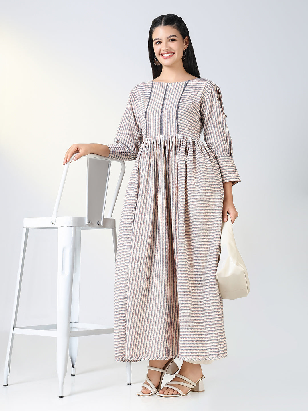 Women's Grey Striped Anarkali Kurta