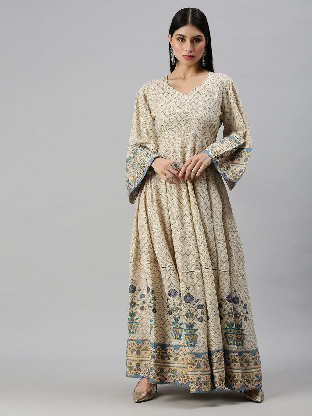 Women's V-Neck Geometric Off White Anarkali Kurta