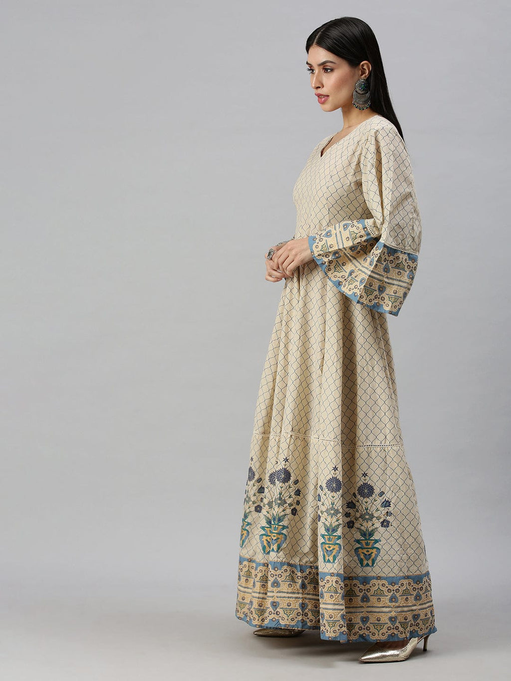 Women's V-Neck Geometric Off White Anarkali Kurta