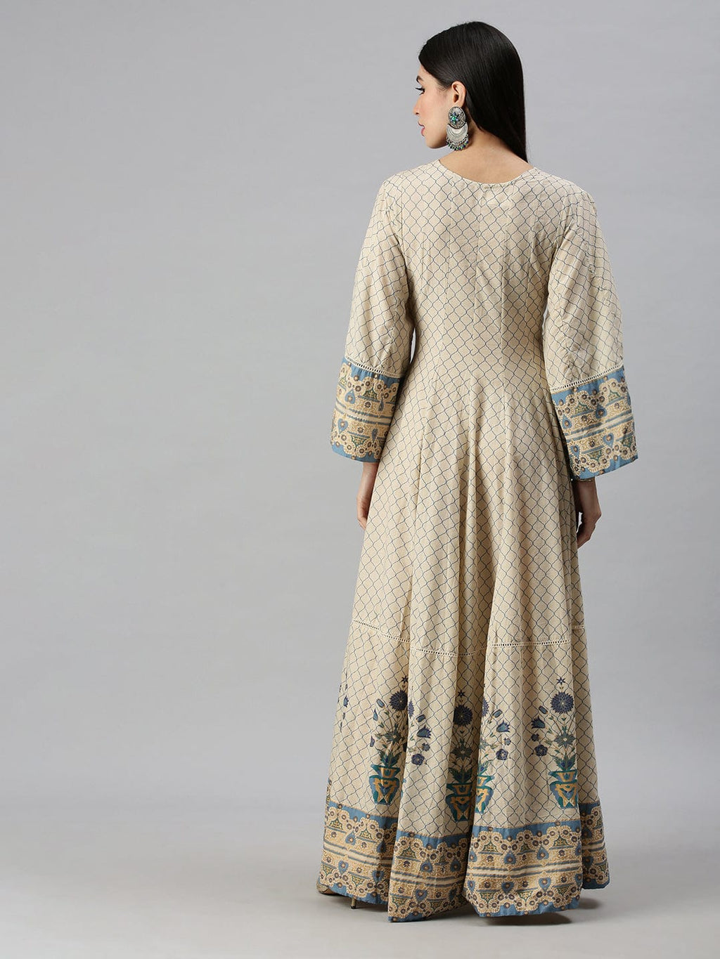Women's V-Neck Geometric Off White Anarkali Kurta