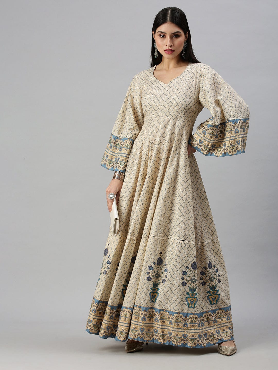 Women's V-Neck Geometric Off White Anarkali Kurta