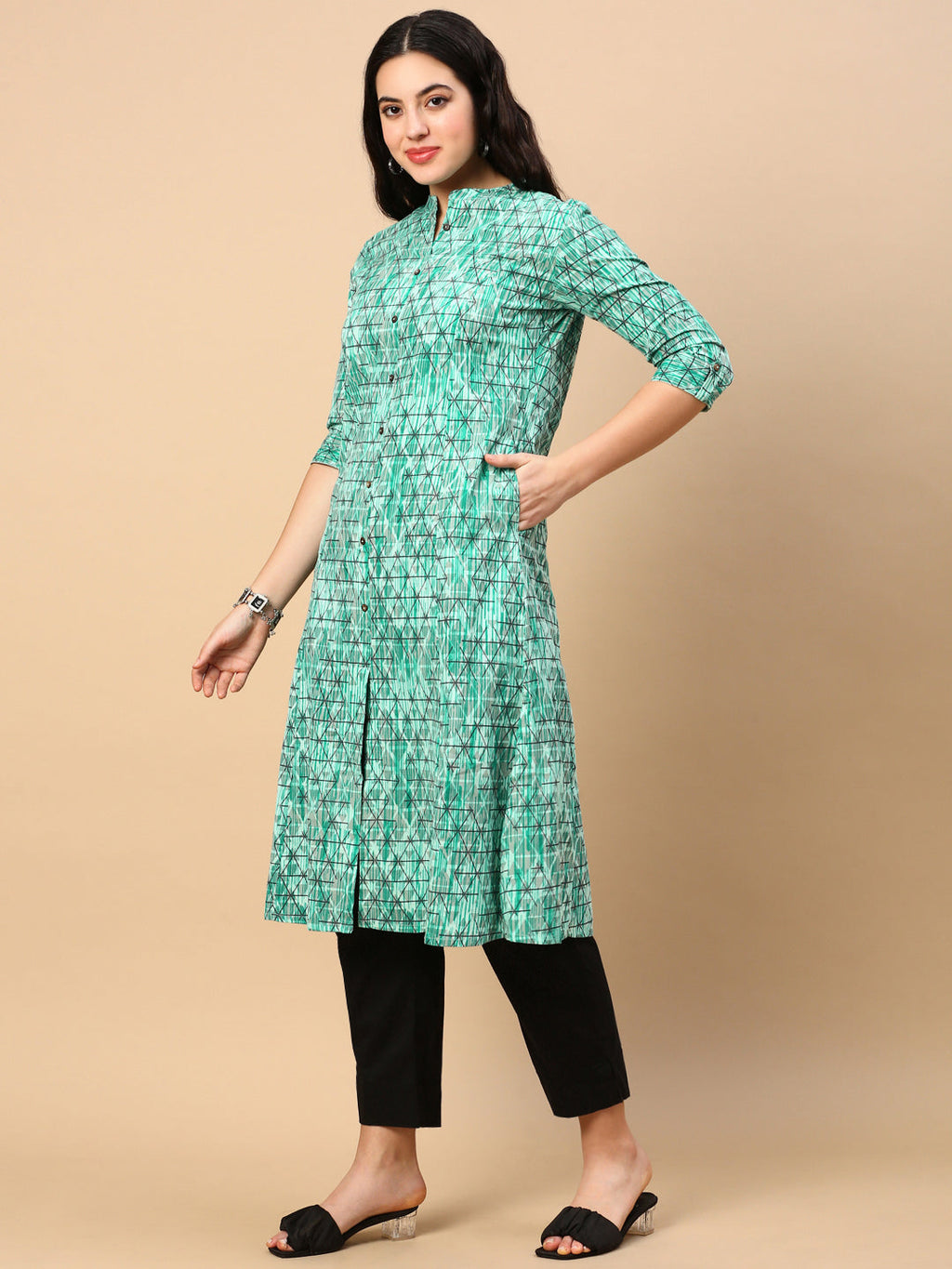 Women's Turquoise Blue Geometric A Line Kurta
