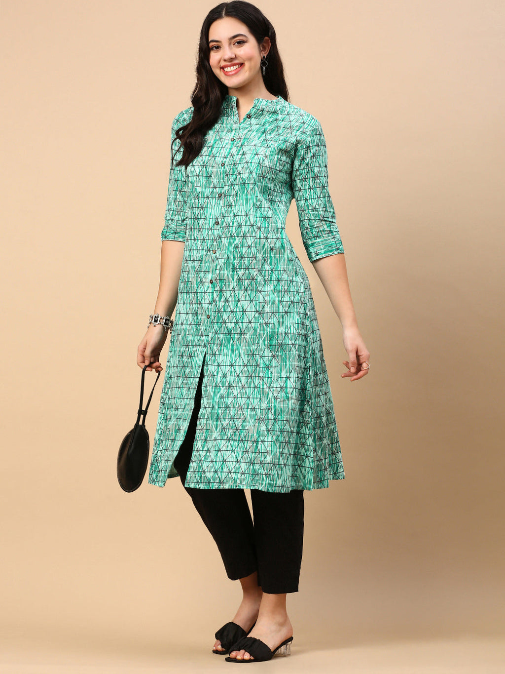 Women's Turquoise Blue Geometric A Line Kurta