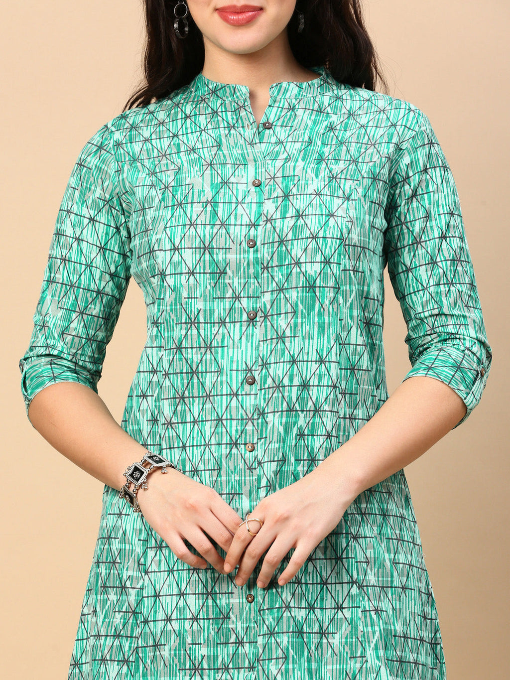 Women's Turquoise Blue Geometric A Line Kurta